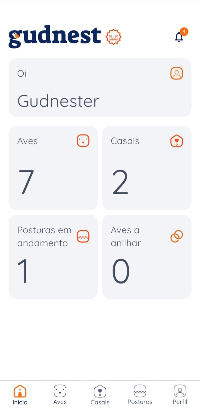 Gudnest app home dashboard with bird, couple, and clutch counts